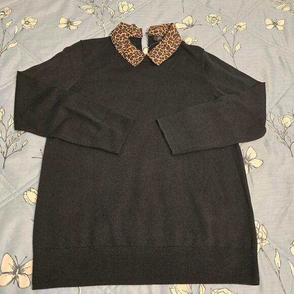 NWOT J.Crew Black Wool Sweater Sz S Leopard Print statement Collar Preppy Chic - Picture 4 of 9